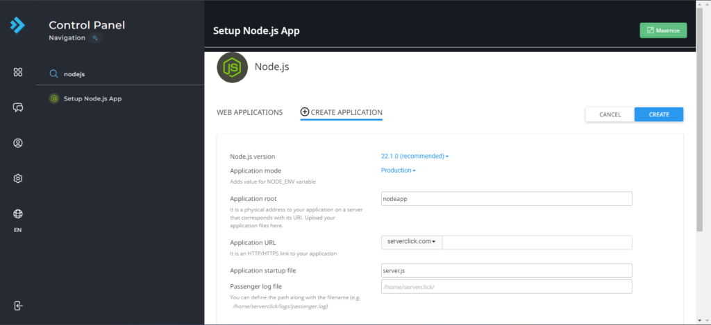 NodeJS DirectAdmin ServerClick