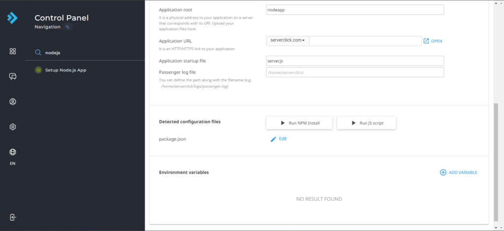 NodeJS DirectAdmin ServerClick